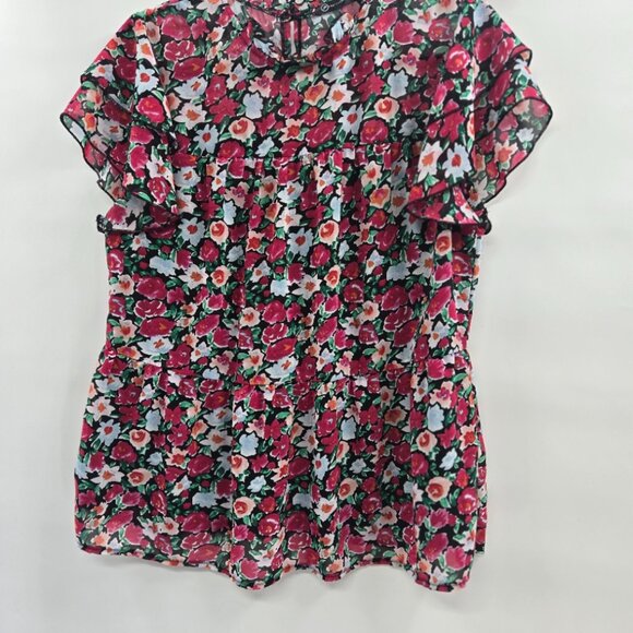 Pretty Garden Pink Floral High Neck Button Back Ruffled Short Sleeve Blouse L - Picture 1 of 10